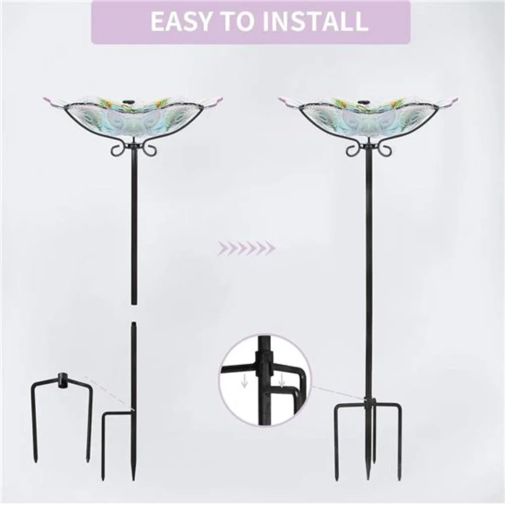 Glass Bird Bath, Garden Outdoor Birdbaths Birdfeeder with Metal Stake Peacock